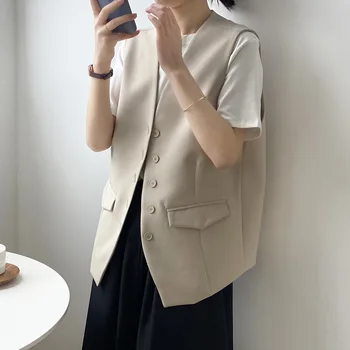 Mizaç Takım Elbise Katı Yelek Kadın 2021 İlkbahar Yaz Yeni Kore Gevşek Kolsuz Tek Göğüslü Yelek Ceket ile Cep 2972