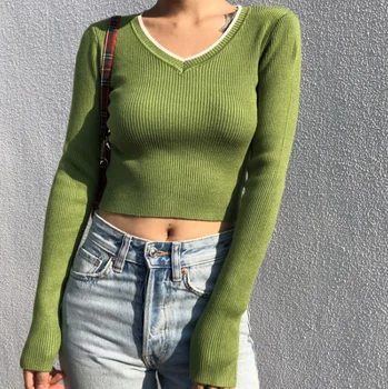 V Yaka Mahsul Nervürlü Örgü Üst Uzun Kollu Yüksek Sıkı Gömme Kazak Gömlek Yeşil Y2K Estetik e-kız Streetwear