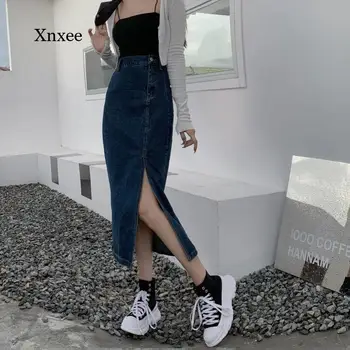 Etek Yarık Orta Uzunlukta Katı Yüksek Bel Kadın Moda-Line Denim Midi Şık Yüksek Bel Jean Etek Kadın Streetwear Giyim
