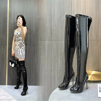 2022 yeni stil bayan botları diz çizmeler üzerinde patent deri elastik sivri burun düşük topuk 10 cm büyük boy yüksek çizmeler