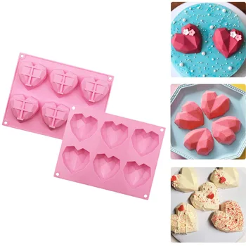 6 Kavite Elmas Aşk Silikon Kek Kalıbı Silikon 3D Kalp Şekli Fondan Kek Mus Çikolata Pişirme Kalıp Modelleme Dekorasyon