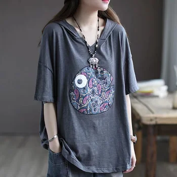 Pamuk Ve Keten Bluz Gevşek Ve Zarif Oryantal Retro Tarzı kadın Rahat işlemeli tişört