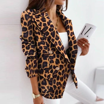 Leopar Baskı Kadın Blazer Sonbahar 2021 Uzun Kollu İnce Blazer Düğmesi Ekose Ofis Kadın Rahat OL Resmi Kış Ceket Yeni