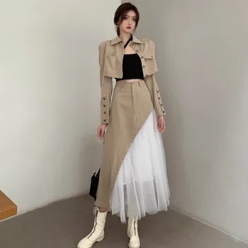 Sonbahar Kadın Moda Retro Takım Elbise Haki İki Adet Tam Kollu Kısa Ceket ve Yüksek Bel Şifon Patchwork Uzun Etek Setleri Kıyafetler