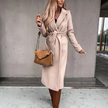 Sonbahar Uzun Kollu Kadın Yün Ceket Yaka Ofis Bayan Uzun Ceketler Rüzgarlık Kalın Streetwear Kadın Mont