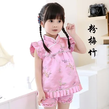 2021 Yeni Yaz Çiçek Qipao çocuk Setleri Yeni Yıl Çin Elbiseler kısa pantolon Cheongsam