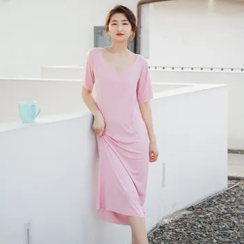 Yeni Yaz Sonbahar Modal İnce Yuvarlak Boyun Gecelik Düz Renk Uzun Etek kadın Gecelik Ev Giyim Rahat Yumuşak Kıyafeti