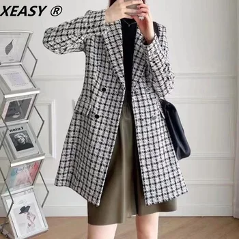 XEASY Tüvit Blazer Ceketler Kadınlar İçin 2021 Sonbahar Rahat Ekose Ceket Kruvaze Ofis Bayan Kontrol Ceket Kadın Blazers