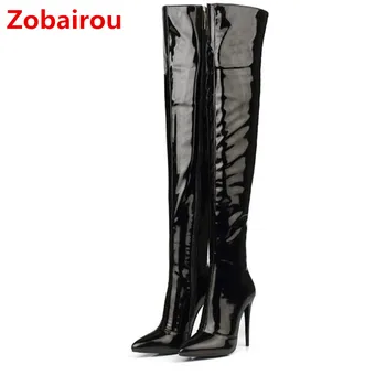 Zobairou Extreme Yüksek Topuklar Siyah Patent Deri Uzun Bota Feminina Kırmızı Lateks Seksi Overknee Yağmur Çizmeleri Ince Ayakkabı Kadın 2018