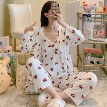Kadın Pijama Pantolon Takım Elbise Yeni Süt İpek üç parçalı Tatlı Sevimli Ev Hizmeti Sling Uzun kollu göğüs pedi ile Seksi Pijama