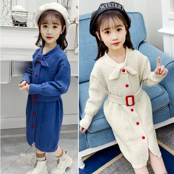 Kış Kız Kazak Elbise Yeni Kış Giysileri Çocuk Hırka Toka Kazak Elbise Kız Örgü Elbise bel kemeri