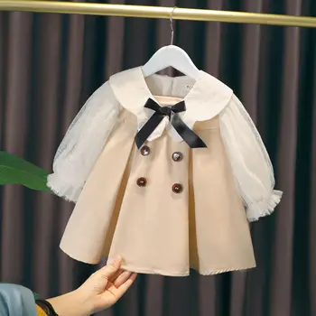 Çocuklar Bebek Siper Elbise Sevimli Kız Uzun Kollu Bir Çizgi Elbise Yeni Bahar Sonbahar Peter Pan Yaka Yay Çocuk Butik Giyim