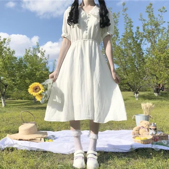 Hipster Zarif Bebek Yaka Öğrenci Kısa Kollu Elbise kadın Japon Tarzı Beyaz Midi Etek 2020 Yaz tatlı lolita elbise
