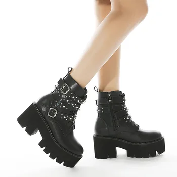 Kadın Deri Sonbahar Çizmeler Yüksek Kalite Yeni Seksi Zincir Blok Topuk Gotik Siyah Punk Tarzı platform ayakkabılar Kadın ayakkabı
