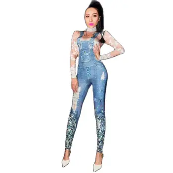 Kadın Kot Rhinestones Tulum Seksi 3D Denim Baskılı Kostüm kadın Parti Seksi Sequins Bodysuit Tulum Kadın Balo Kıyafet