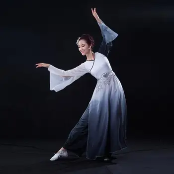 (091) Çin halk dansıyeni klasik dans tiyatro kostümleri mürekkep boyama siyah ve beyaz klasik dans kostümleri fan dans
