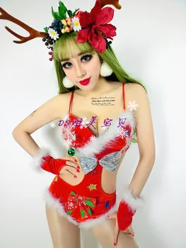 Gece kulübü Bar Kadın Şarkıcı DJDS Sahne Kıyafeti Yeni Noel Kırmızı Kostüm Seksi sahne dans gösterisi giyer
