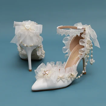 İlkbahar ve Yaz Yeni Beyaz İnci Dantel Gelin Düğün Ayakkabı İlmek Sivri İnce Yüksek Topuk Parti Elbise Büyük Kadın Sandalet