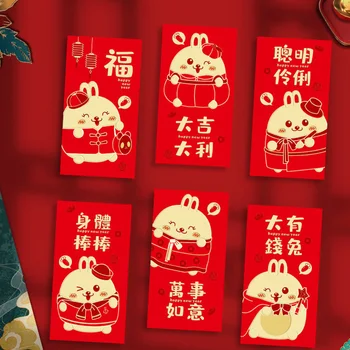 Tavşanların 2023 Yılı Kırmızı Paket Şanslı Para İçin 6 adet Kırmızı Zarf Sevimli Karikatür Tavşan Hong Bao