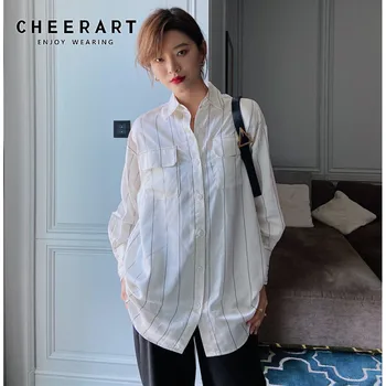 CHEERART Aç Geri Fener Kollu Beyaz Gömlek Kadın Uzun Kollu Üstleri Ve Bluzlar Çizgili Casual Bayanlar Kore Bluz Güz 2020