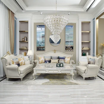 Villa high-end lüks masif ahşap deri kanepe el oyması altın Avrupa ihracat mobilya