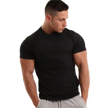 W002 Erkekler Kısa kollu siyah Katı pamuklu tişört Spor Salonları Spor Vücut Geliştirme Egzersiz t shirt Erkek Yaz Casual Slim Tee Tops