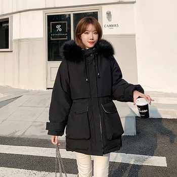 Kadın Kore Tarzı Parkas Katı Kapşonlu Kürk Uzun Kollu Büyük Cepler Bayanlar Uzun Kış Ceket Fermuar Dış Giyim Kadın