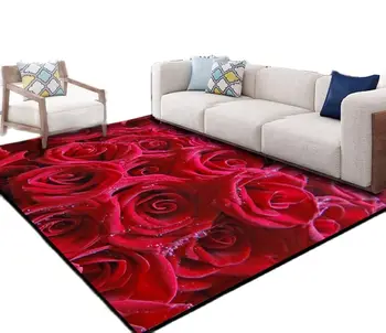 Taze çiçek kırmızı gül oturma odası halısı dikdörtgen 3D çiçek baskı kanepe alan kilim