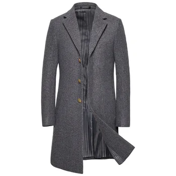 Yeni Lüks Yün Ceket Erkekler Sonbahar Kış Tek Göğüslü Uzun Trençkot İngiliz Tarzı Yün Ceket Erkek Marka Giyim 5XL