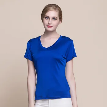 Yaz Kadın 100 % Gerçek ipek tişört Rahat Örme Kısa Kollu Gömlek Rahat Nefes Gevşek V Yaka T-Shirt 1008