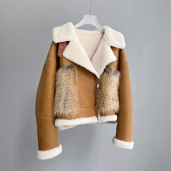 Yeni Moda Doğal Gerçek Koyun Derisi Ceket Turn-Aşağı Yaka Kısa Uzunluk Giysileri İle orijinal Fox Kürk Cepler Kalın Sıcak Büyük Boy