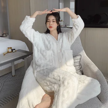 Bayan Gecelik Pijama Takım Elbise Sıcak Uyku Seti Kıyafeti Kalın 2 ADET Üst ve Pantolon Pijama Pazen Samimi İç Çamaşırı Gecelik Pijama