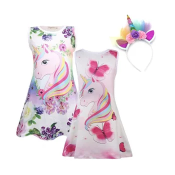 Yaz Kelebek Kız Unicorn Elbise Çocuk Karikatür Çiçek Parti Doğum Günü Kolsuz Elbiseler Çocuklar Bebek Prenses Giysileri