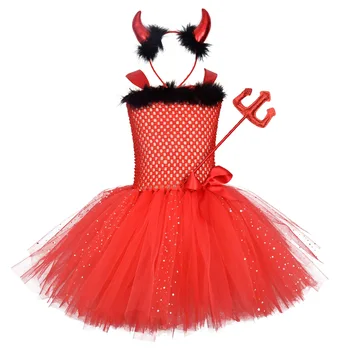 Yeni Kızlar Kırmızı Şeytan Tutu Elbise Glitter Kabarık Doğum günü parti giysileri Boynuz Kafa Bandı ile Çocuklar Cadılar Bayramı Şeytan Kostüm Kıyafet