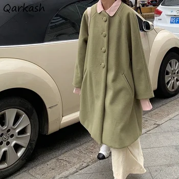 Yün Karışımları Kadınlar Katı Yeşil Yumuşak Tek Göğüslü Uzun Dış Giyim Gevşek Tüm Maç Japon Tarzı Standı Yaka Yün Palto Mujer