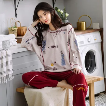 Pijama Takım Elbise Kadın Sonbahar Saf Pamuk Uzun Kollu Pantolon Sonbahar Ve Kış Yuvarlak Boyun Kazak Orta Kalın Rahat Ev Giyim