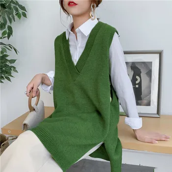 2021 Sonbahar Yeni V Yaka Düz Renk Kolsuz Örgü Kazak Streetwear Gevşek Vahşi Giden Uzun Yelek Kazak Örme Yelek Yeşil