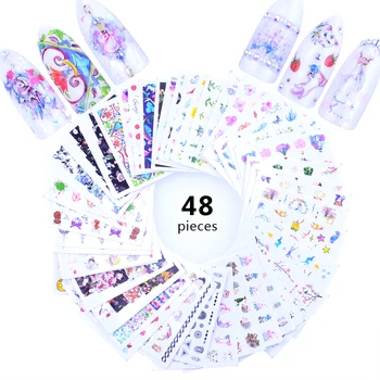 48 Tasarımlar Su Çıkartmaları Kaymak Yaz Karikatür Hayvan Flora Filigran Tırnak Sticker Dekorasyon Sarar Manikür Araçları