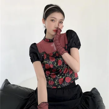 Yaz 2021 Puf Kollu Cheongsam Gül Çiçek Baskı Kırpma Üst Kadınlar Vintage Moda Patchwork Bayanlar Bluz Çin Tarzı Blusas