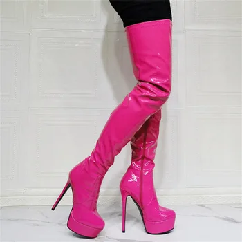 Kadın Kasık Yüksek Platformu Çizmeler Parlak Patent Yan Zip Stiletto Topuklu Uyluk Yüksek Çizmeler Cosplay Artı Boyutu 44 46 50 52