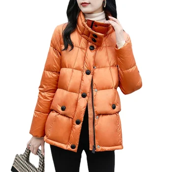 Kore Versiyonu Düz Renk Düğmesi Ekose Sıcak Aşağı Ceket Kış Yeni Beyaz Ördek Aşağı Gevşek Yaka Uzun kollu Ceket Kadın