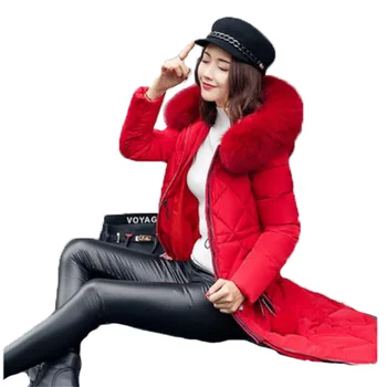 2021 Kış Kırmızı Parkas Ceket Kadınlar Yeni Yeşil Kürk Yaka Kapşonlu Uzun Aşağı Pamuk Ceket Moda Kalın Sıcak İnce Pamuklu Ceket N1505