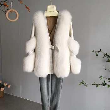 FURSARCAR 2021 Kadın Kış Doğal Tilki Kürk Ceket 70cm Uzun Tam Plet Kalın Kürk Ceket Moda Hakiki Deri Koyun Derisi Dış Giyim