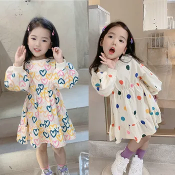 Kızlar Kazak Elbiseler Sonbahar Çocuklar Balon Aşk Baskı Uzun Kollu Jersey Pamuk Fırfır Dantelli Alt Giysi