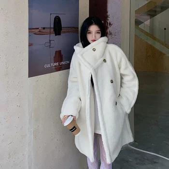 Sonbahar Kış Faux Kürk Ceket Kadın Sıcak Peluş Kızarmış Sokak Kuzu Yün Ceket Zarif Kalın Giyim Uzun Sahte Kürk Kadın Peluş Mont