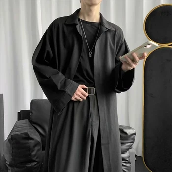 Kore Moda Rüzgarlık erkek Düz Renk Rahat Uzun Ceket Yaka Kemer İlkbahar Ve Sonbahar Gevşek İnce Tüm Maç Üst S-3XL