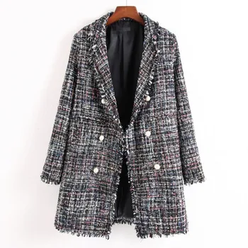 Kadın Tüvit Ceket İnci Püskül Şık Blazer Ceket Bahar Sonbahar Moda Bayan Giyim Vintage Ekose Streetwear Gevşek Ceketler