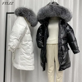 FTLZZ Kış Büyük Doğal Kürk Yaka Kapşonlu Uzun Tüy Ceket Kadın Düz Su Geçirmez Kar Dış Giyim 90 % Beyaz Ördek uzun kaban