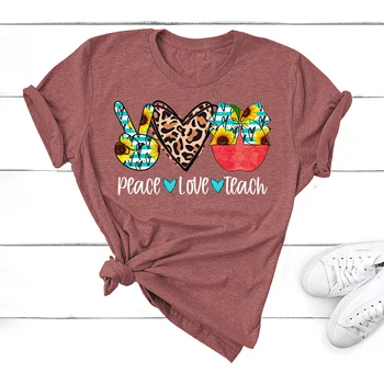 Kadın Yaz Tişörtleri Barış Aşk Öğretmek Moda Baskı Bayan T-shirt Üst T Shirt Pamuk Bayanlar Bayan Grafik dişi t parça T-Shirt