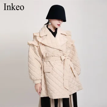 2021 kış kadın ceketi yastıklı Parka Sıcak Dış Giyim Sonbahar kapitone ceket ruffles kemer büyük boy diz boyu moda INKEO 1O025